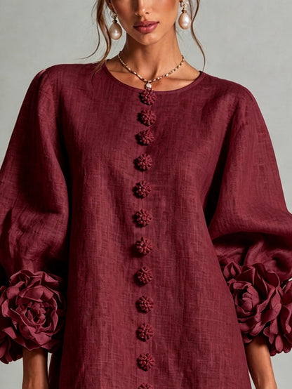Abito Mini Button-down Floreale Bordeaux Con Maniche Floreali Stravaganti