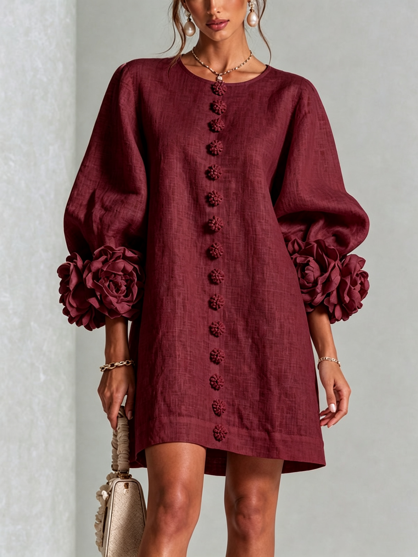 Abito Mini Button-down Floreale Bordeaux Con Maniche Floreali Stravaganti