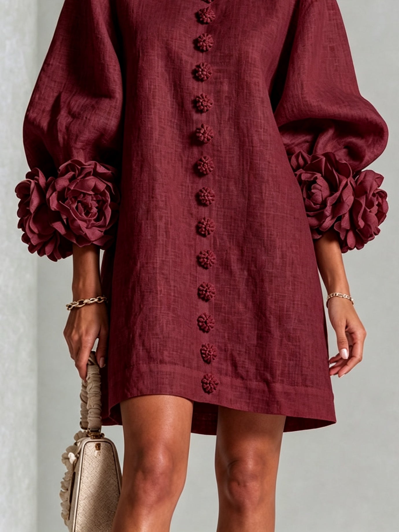 Abito Mini Button-down Floreale Bordeaux Con Maniche Floreali Stravaganti