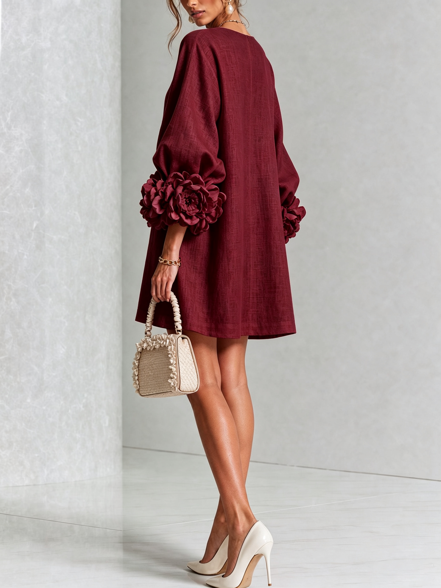 Abito Mini Button-down Floreale Bordeaux Con Maniche Floreali Stravaganti