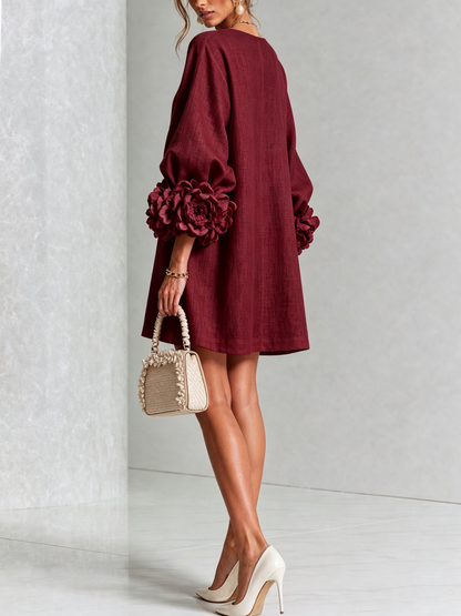 Abito Mini Button-down Floreale Bordeaux Con Maniche Floreali Stravaganti