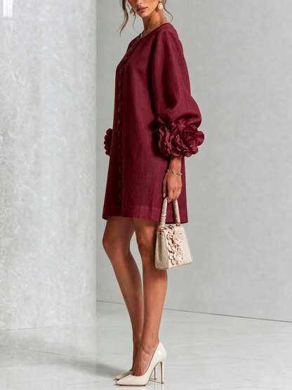 Abito Mini Button-down Floreale Bordeaux Con Maniche Floreali Stravaganti