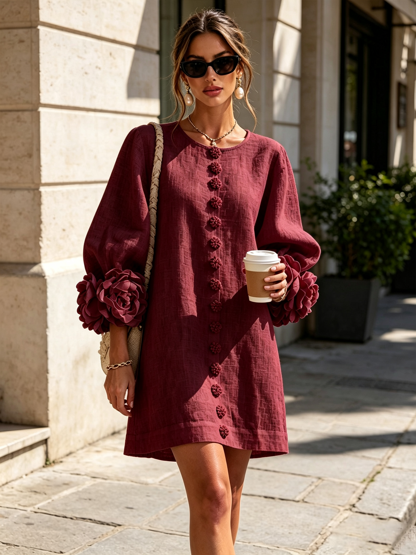 Abito Mini Button-down Floreale Bordeaux Con Maniche Floreali Stravaganti