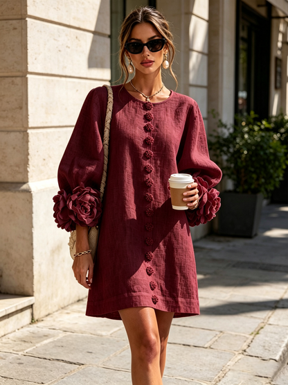 Abito Mini Button-down Floreale Bordeaux Con Maniche Floreali Stravaganti