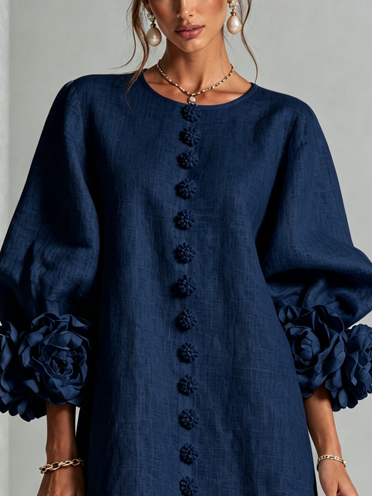 Abito Mini Button-down Floreale Blu Marino Con Maniche Floreali Sbalorditive