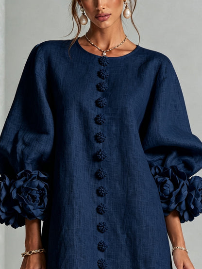 Abito Mini Button-down Floreale Blu Marino Con Maniche Floreali Sbalorditive
