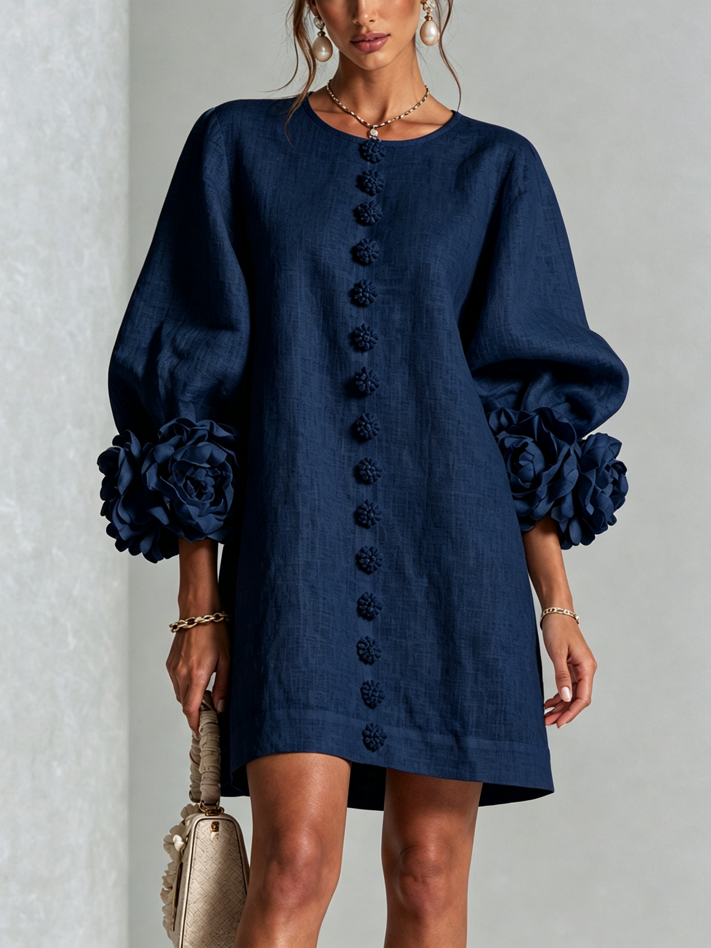 Abito Mini Button-down Floreale Blu Marino Con Maniche Floreali Sbalorditive