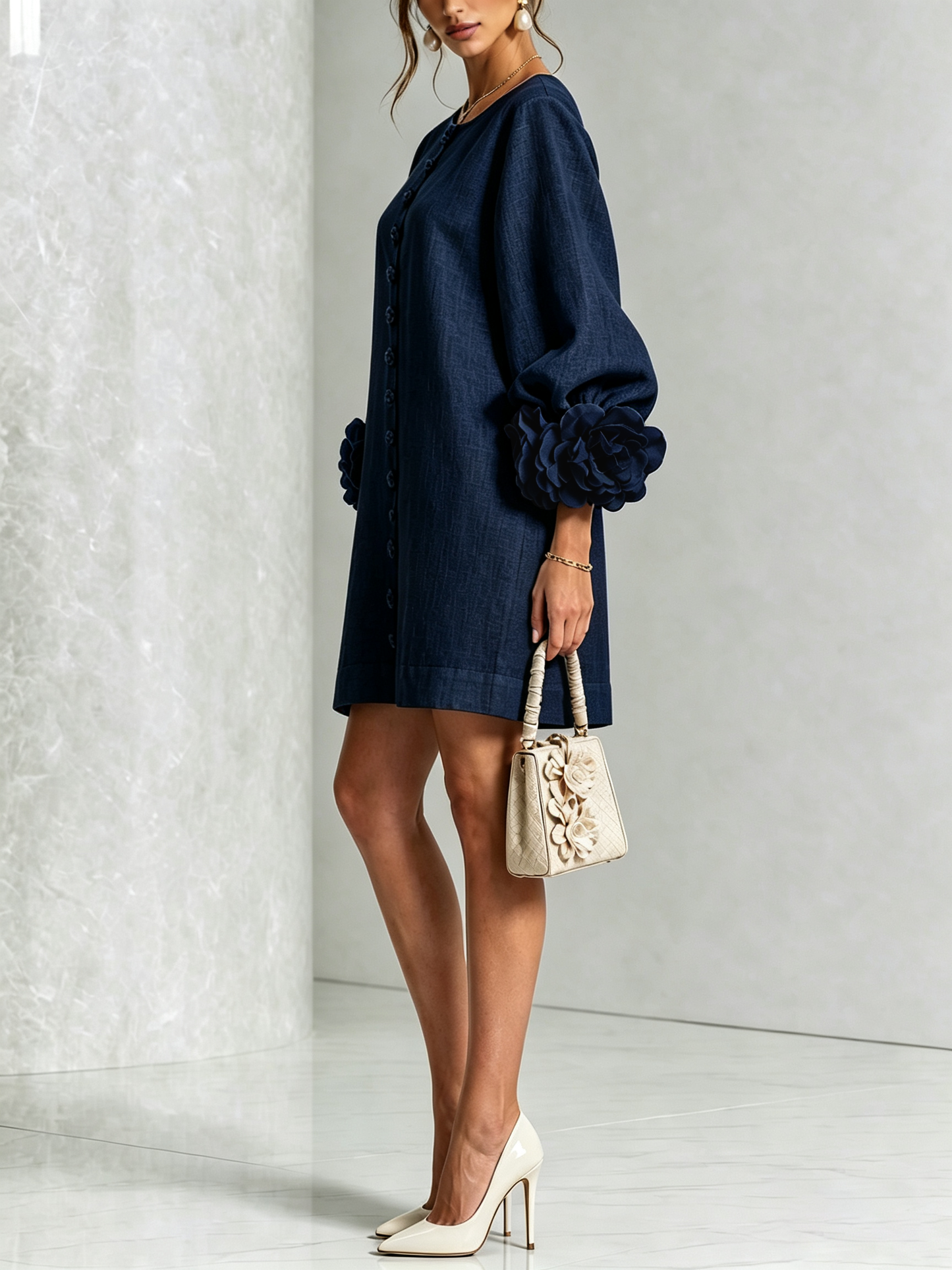 Abito Mini Button-down Floreale Blu Marino Con Maniche Floreali Sbalorditive