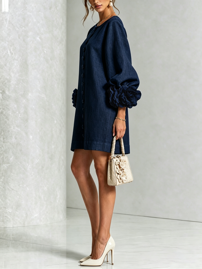Abito Mini Button-down Floreale Blu Marino Con Maniche Floreali Sbalorditive