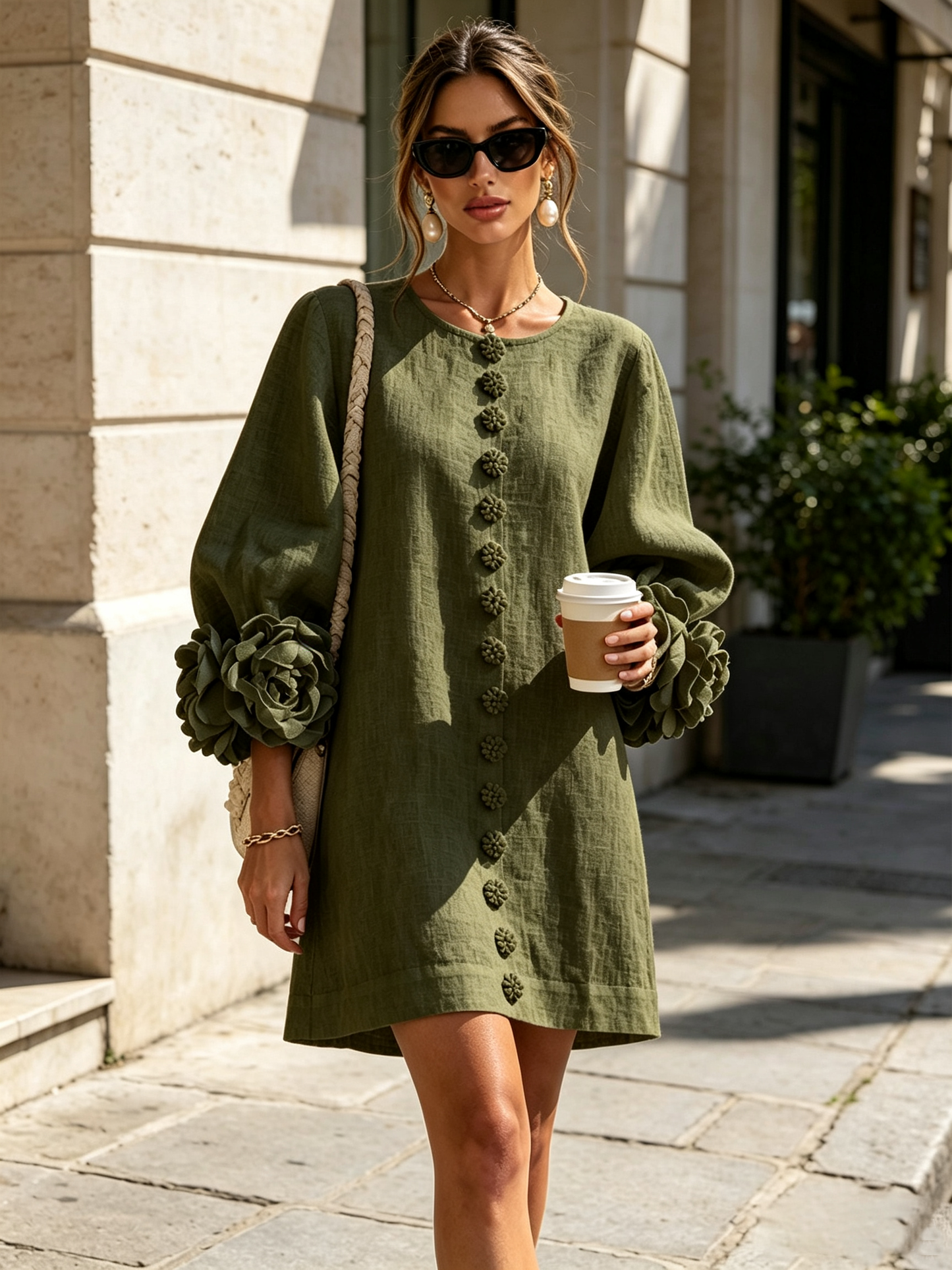 Abito Mini Button-down Floreale Verde Oliva Con Polsini Floreali Stravaganti