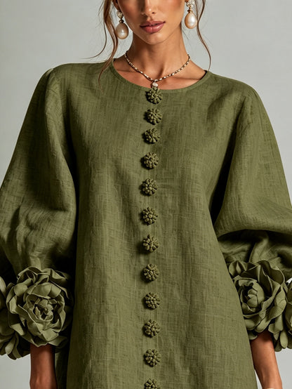 Abito Mini Button-down Floreale Verde Oliva Con Polsini Floreali Stravaganti