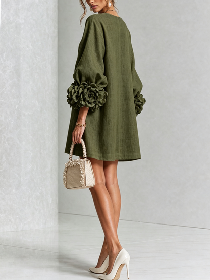 Abito Mini Button-down Floreale Verde Oliva Con Polsini Floreali Stravaganti