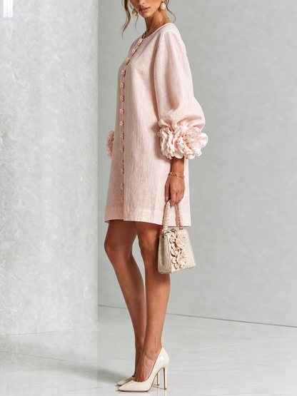 Abito Mini Button-down Floreale Rosa Con Polsini Floreali Imponenti