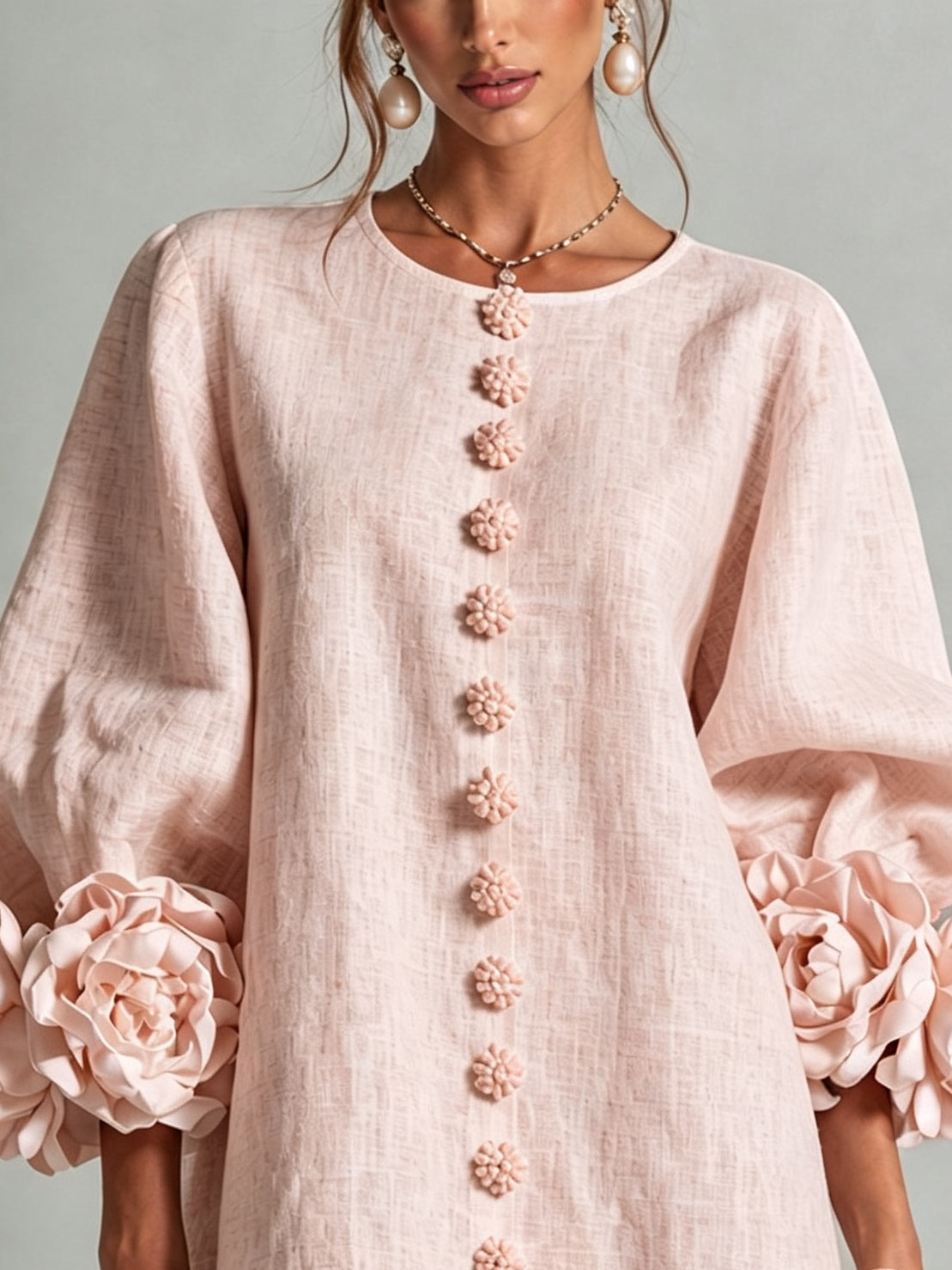 Abito Mini Button-down Floreale Rosa Con Polsini Floreali Imponenti