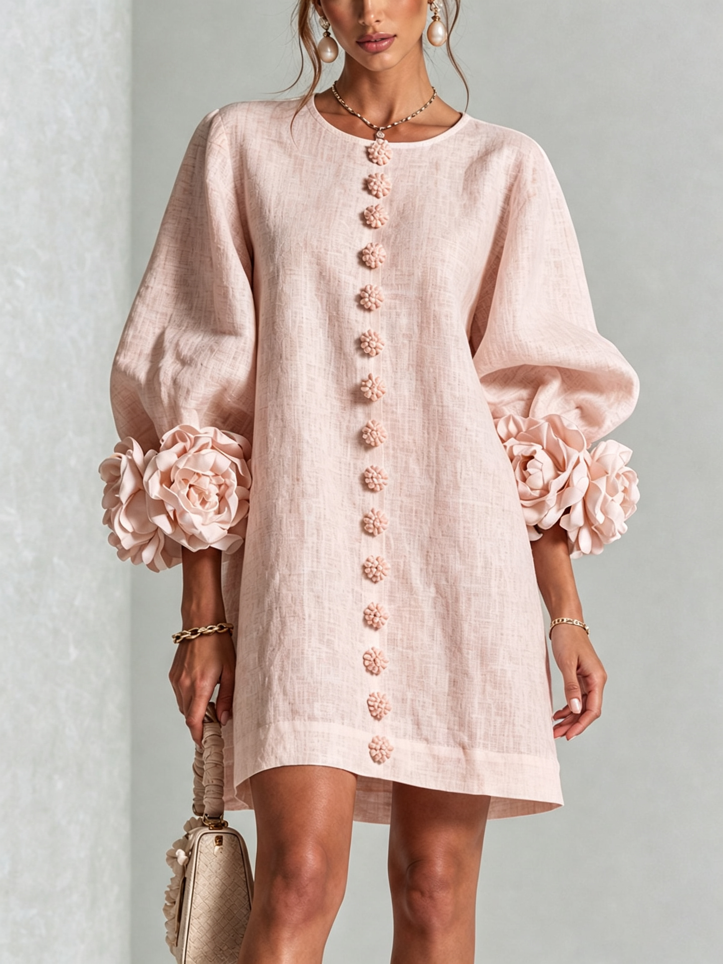 Abito Mini Button-down Floreale Rosa Con Polsini Floreali Imponenti
