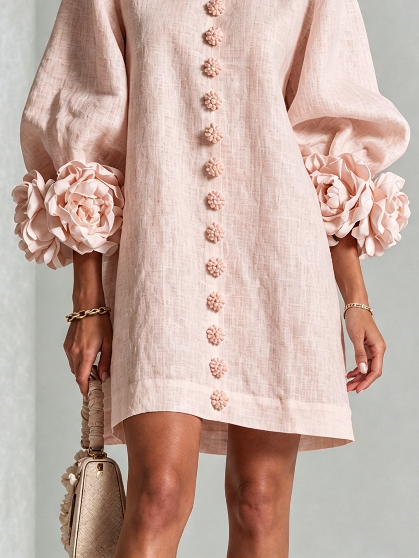 Abito Mini Button-down Floreale Rosa Con Polsini Floreali Imponenti