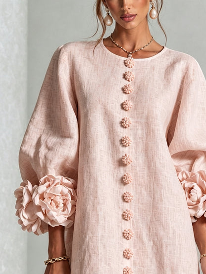 Abito Mini Button-down Floreale Rosa Con Polsini Floreali Imponenti