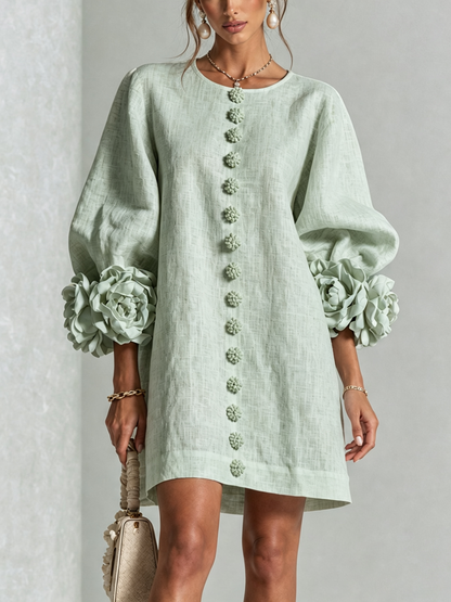 Abito Mini Button-down in Mistica Salvia con Maniche Floreali Stravaganti