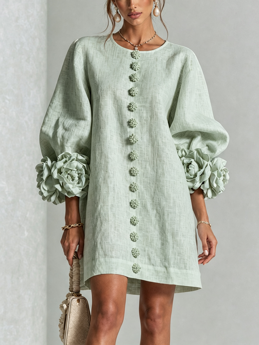 Abito Mini Button-down in Mistica Salvia con Maniche Floreali Stravaganti