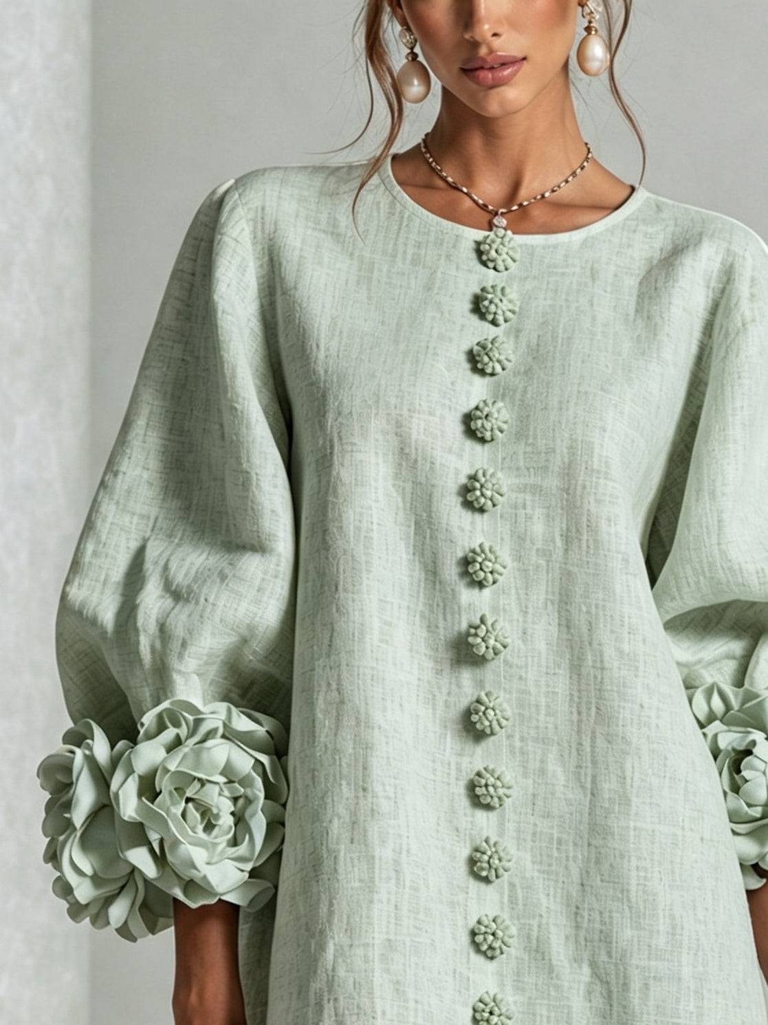 Abito Mini Button-down in Mistica Salvia con Maniche Floreali Stravaganti