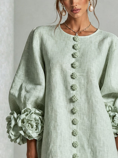 Abito Mini Button-down in Mistica Salvia con Maniche Floreali Stravaganti