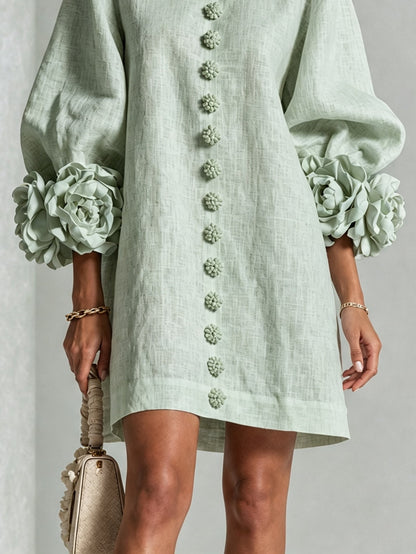 Abito Mini Button-down in Mistica Salvia con Maniche Floreali Stravaganti