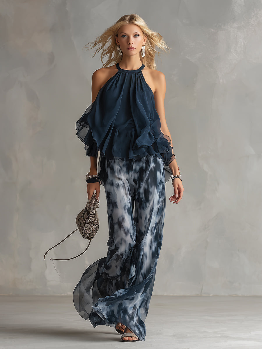 Ludovica – Set elegante in chiffon con top a collo alto e pantaloni a gamba larga stampati • S1