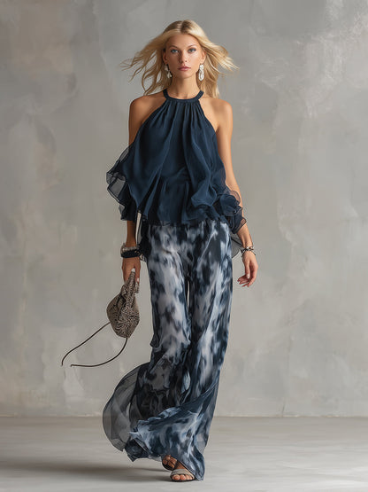 Ludovica – Set elegante in chiffon con top a collo alto e pantaloni a gamba larga stampati • S1