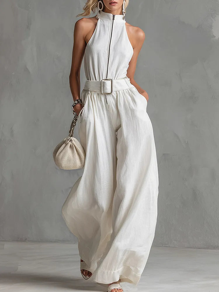 Jumpsuit Elegante da Città – Con Cintura, Senza Maniche, Fit a Gamba Larga • S1