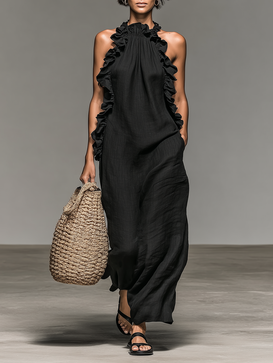 Giulia | Abito Maxi Minimalista in Lino con Volant