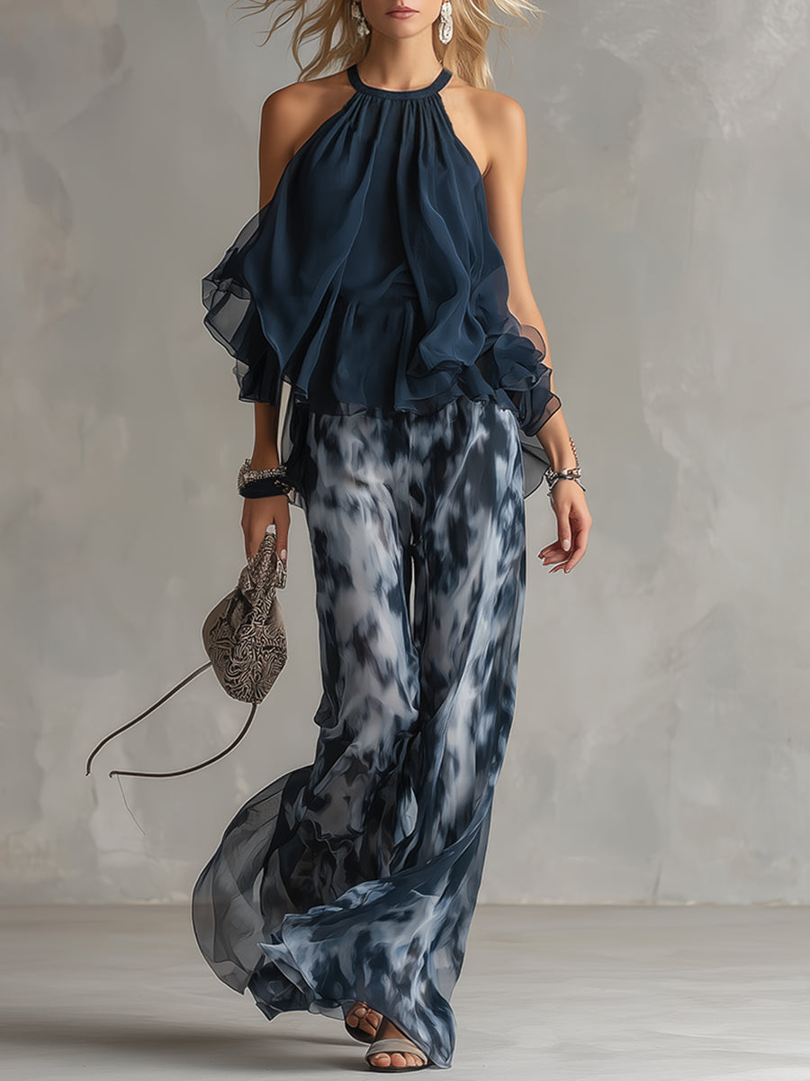 Ludovica – Set elegante in chiffon con top a collo alto e pantaloni a gamba larga stampati • S1