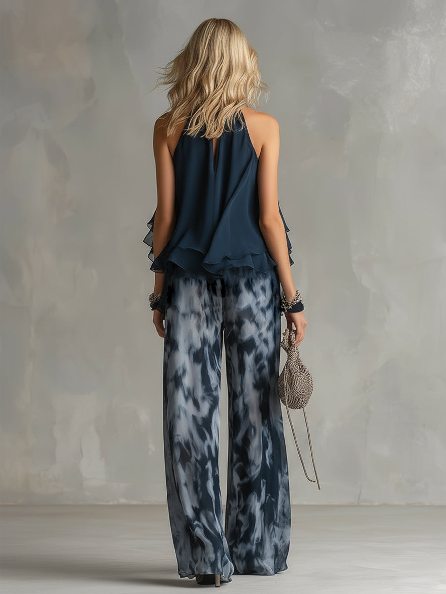 Ludovica – Set elegante in chiffon con top a collo alto e pantaloni a gamba larga stampati • S1