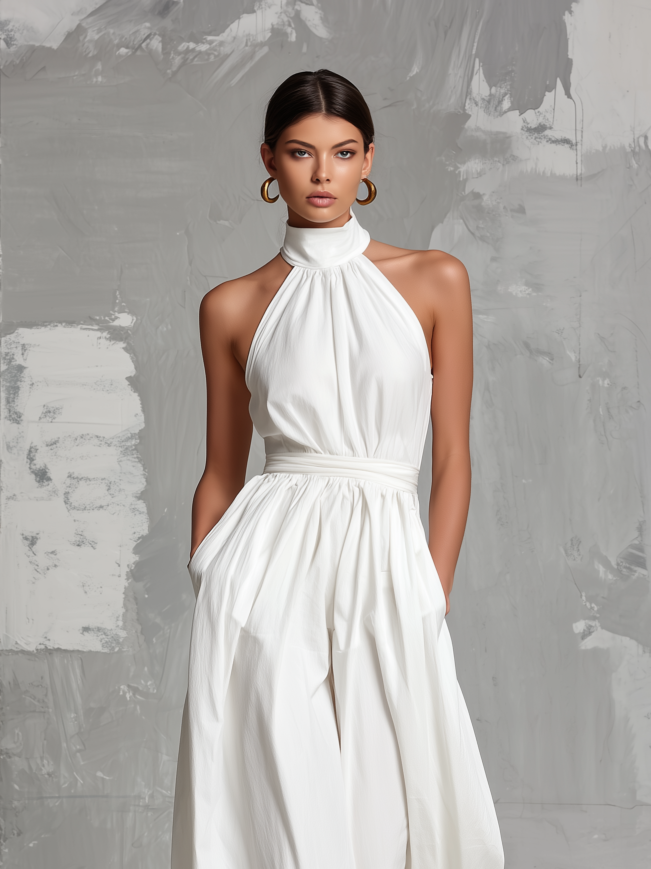 Zoltán | Elegante tuta bianca intrecciata senza maniche con collo a halter • S1