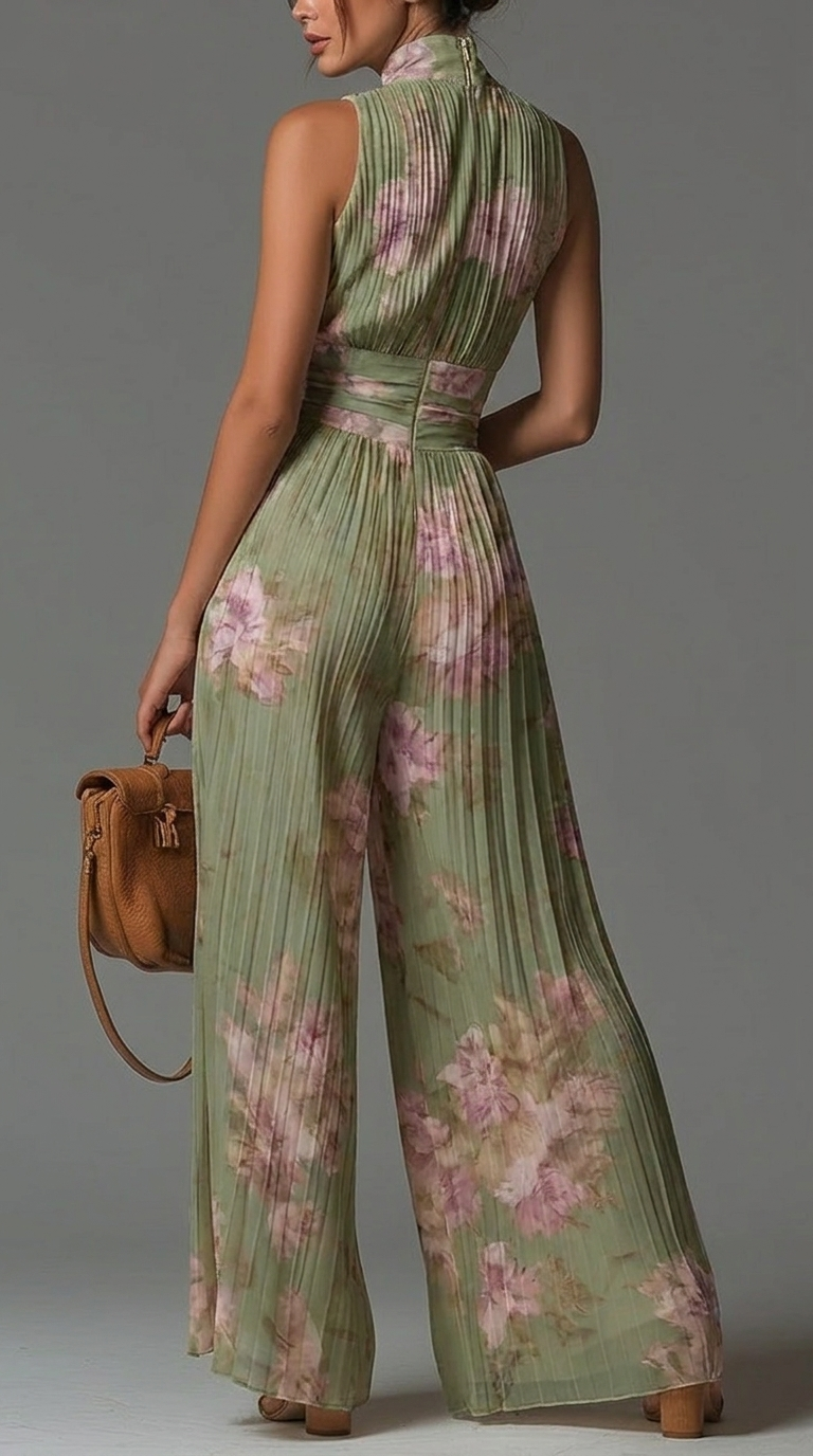 Zsófia Jumpsuit | Tuta in chiffon verde plissettato