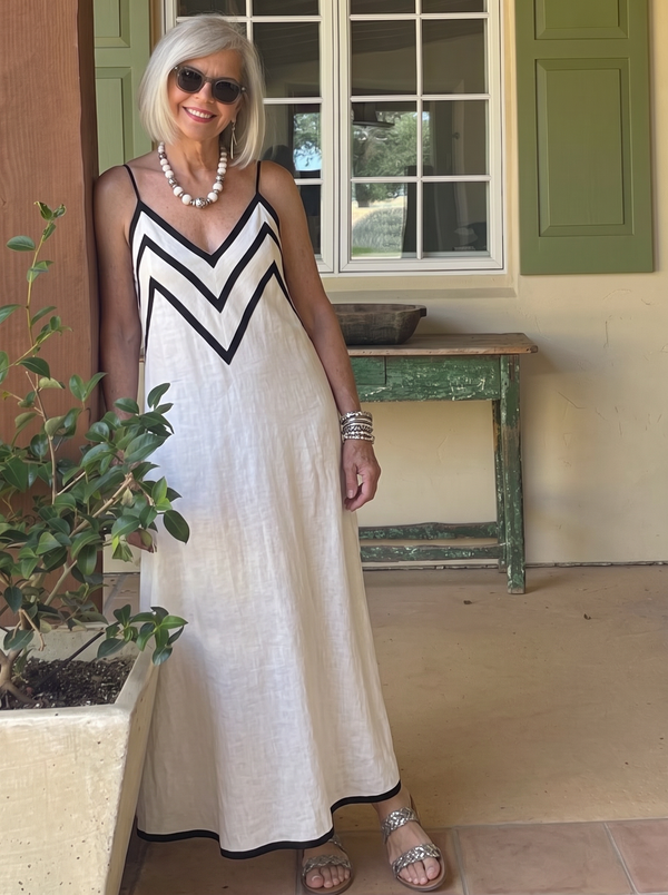 Monica | Vestito lungo lino stile slip con bordi a contrasto con motivo a chevron