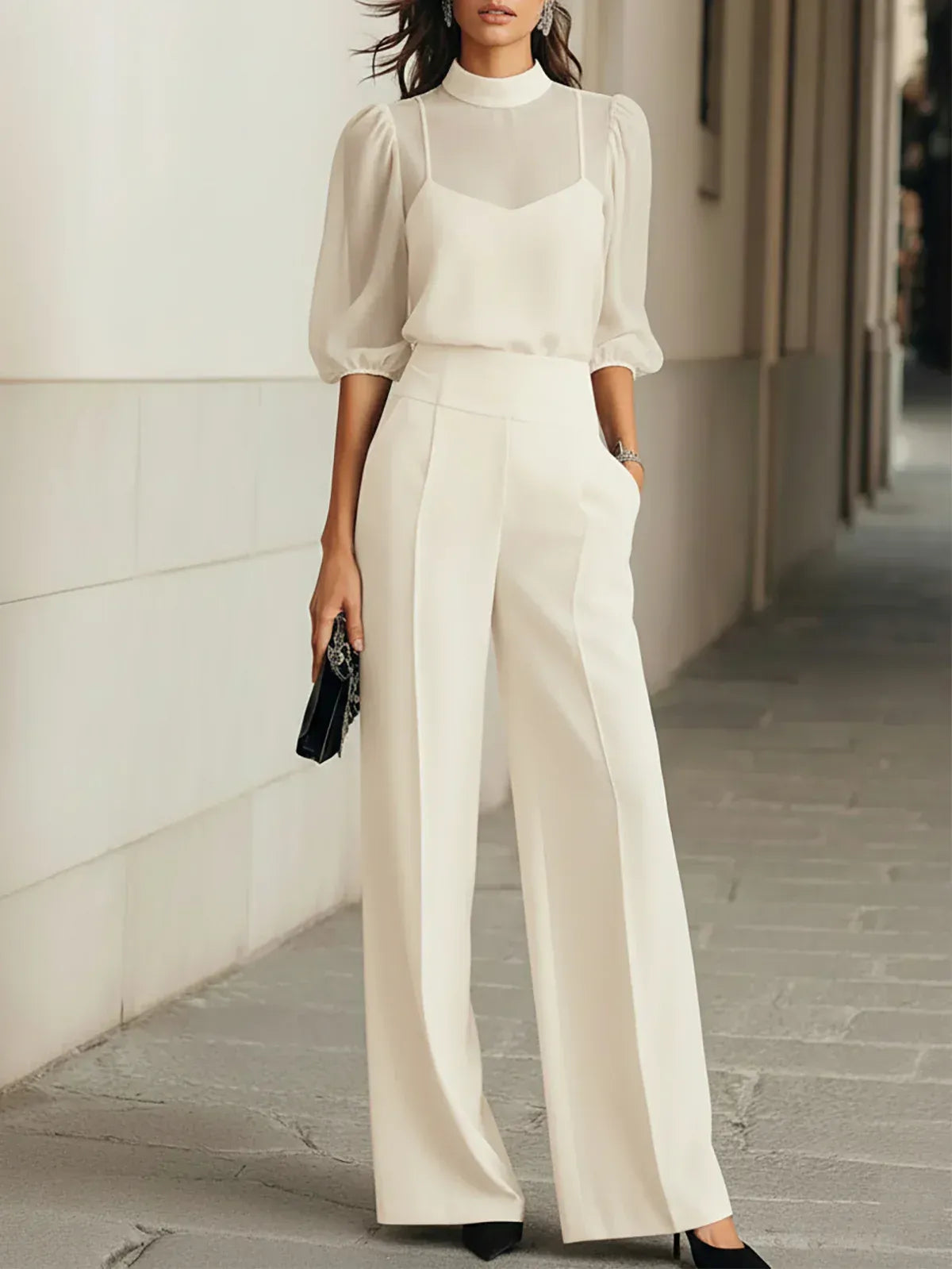 Valentina • Completo Nero a Tre Pezzi con Top in Chiffon Trasparente e Pantaloni a Gamba Larga • S1