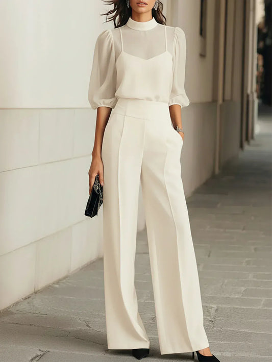 Valentina • Completo Nero a Tre Pezzi con Top in Chiffon Trasparente e Pantaloni a Gamba Larga • S1