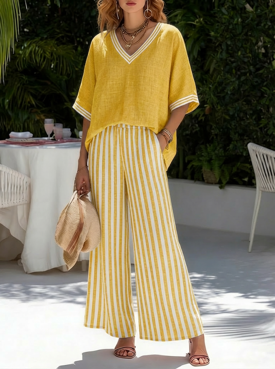 Amélia | Completo Elegante Casual in Lino e Cotone a Righe