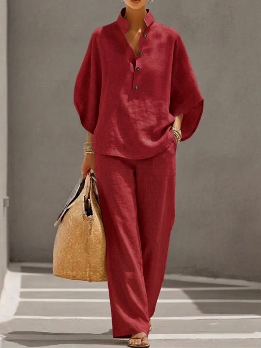 Eszter™ – Set in cotone e lino con maniche a pipistrello e pantaloni a gamba larga • S1