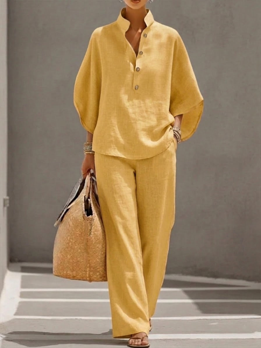 Eszter™ – Set in cotone e lino con maniche a pipistrello e pantaloni a gamba larga • S1