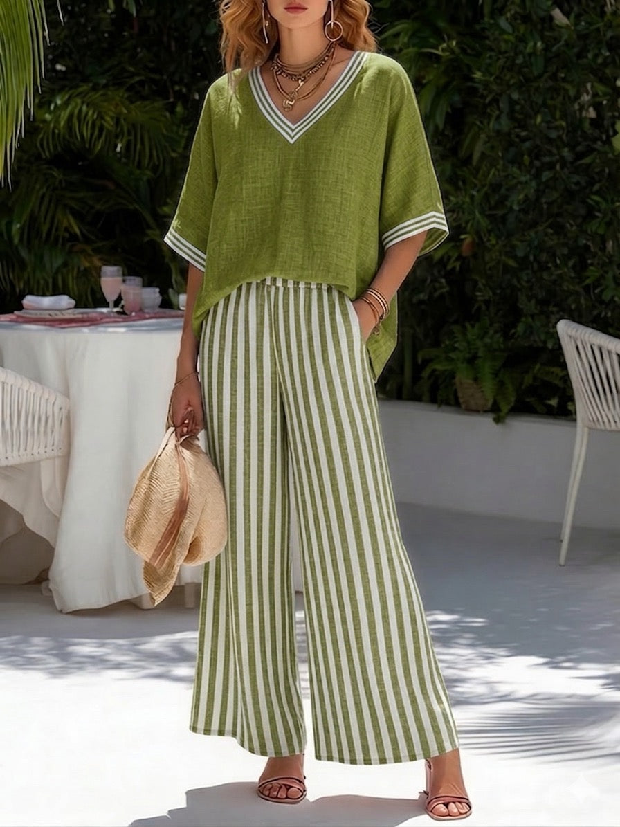 Amélia | Completo Elegante Casual in Lino e Cotone a Righe
