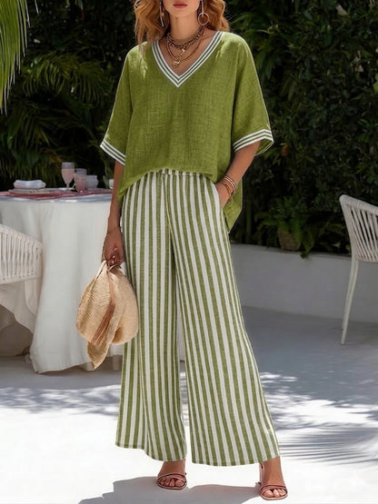 Amélia | Completo Elegante Casual in Lino e Cotone a Righe