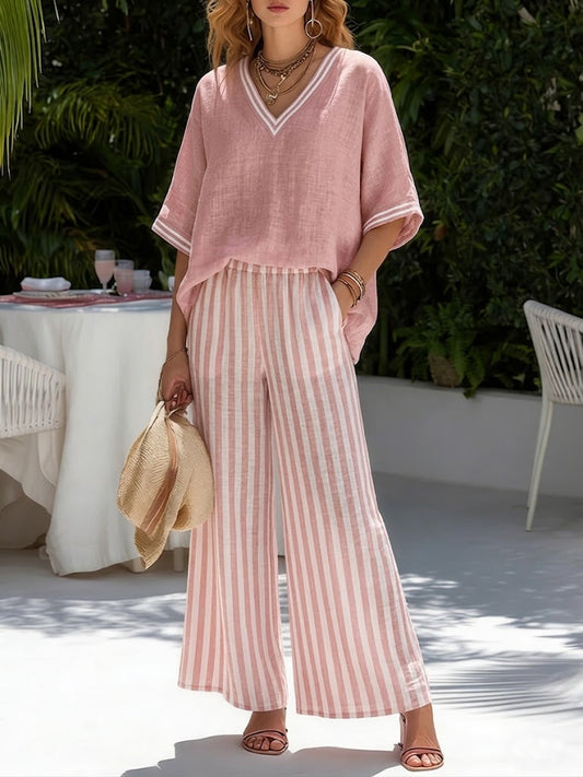 Amélia | Completo Elegante Casual in Lino e Cotone a Righe