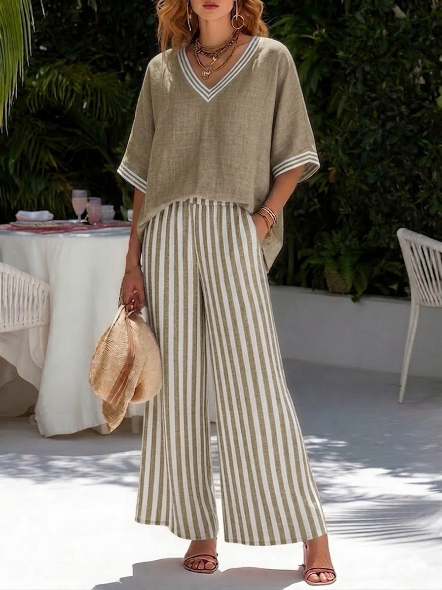 Amélia | Completo Elegante Casual in Lino e Cotone a Righe
