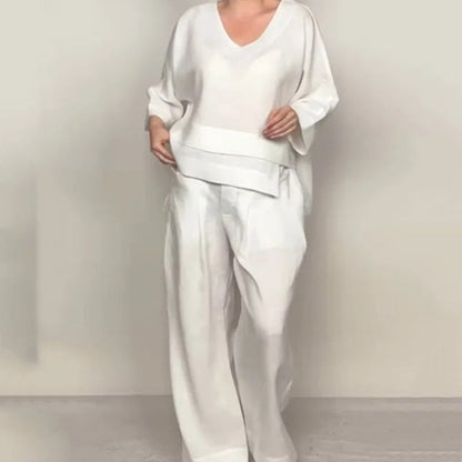 Liza | Set in cotone-lino a 2 pezzi – Top con scollatura a V e pantaloni a gamba larga • S1