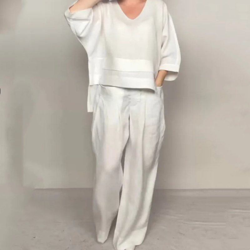 Liza | Set in cotone-lino a 2 pezzi – Top con scollatura a V e pantaloni a gamba larga • S1