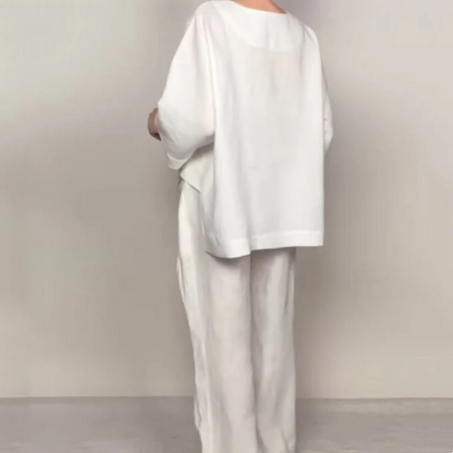 Liza | Set in cotone-lino a 2 pezzi – Top con scollatura a V e pantaloni a gamba larga • S1