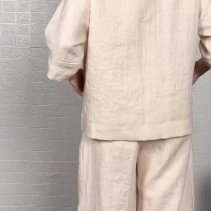 Liza | Set in cotone-lino a 2 pezzi – Top con scollatura a V e pantaloni a gamba larga • S1