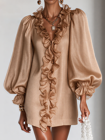 Abito mini in chiffon con maniche a sbuffo e rouches