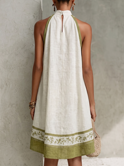 Agathe | Abito Mini A-Line Senza Maniche Bianco e Verde Oliva con Fiori